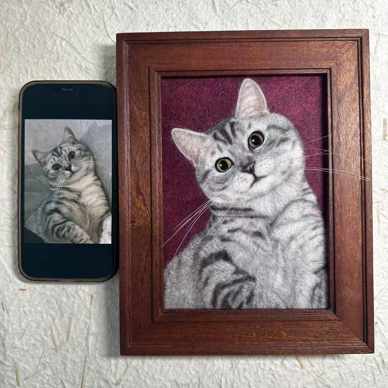 Custom 2D needle felted pet portrait in wooden frame